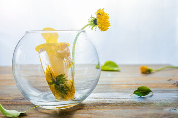 spring ice cream with Dandelions flowers, wooden background