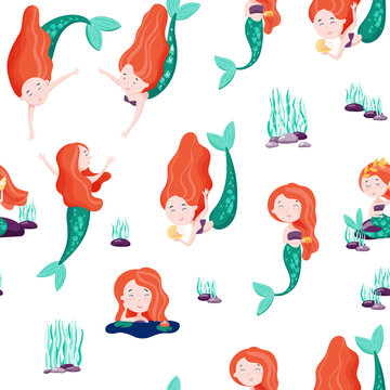 Seamless pattern with cute mermaids. Can be used for wrapping, fabric background.
