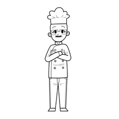Cute Hand Drawn Outline or Line Drawing of Smiling Happy People Chef Wearing Uniform With Bald Head, Mustache and Glasses. Suitable For Coloring Children Book, Mascot, Character. Cartoon Illustration.
