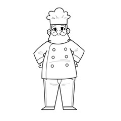 Cute Hand Drawn Outline or Line Drawing of Smiling Happy Young Man Chef Wearing Uniform With Mustache and Beard. Suitable For Coloring Children Book, Mascot, Character. Cartoon Illustration. Doodle.