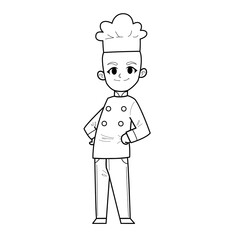 Cute Hand Drawn Outline or Line Drawing of Smiling Happy Young Man Chef Wearing Uniform With Bald Head. Suitable For Coloring Book, Children Book, Mascot, Character. Cartoon Illustration. Doodle.