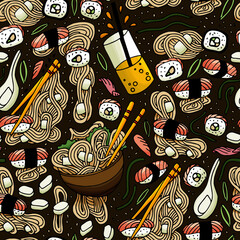Seamless japanese cuisine sushi, roll and ramen pattern. Good for textile, apparel, wrapping etc.