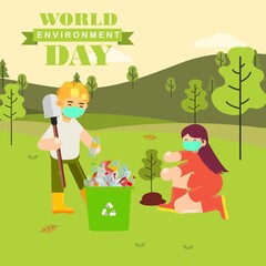 Obraz na płótnie Canvas Happy World Environment Day Background with People who are Planting Trees and Throw the Rubbish into the Dustbin. Safety Because Wearing Mask during Covid19 Pandemic