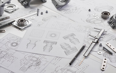 Engineer technician designing drawings mechanical&nbsp;parts engineering Engine.manufacturing factory Industry Industrial work project blueprints measuring bearings caliper tools