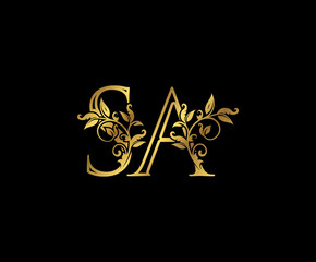 Luxury Gold letter S, A and SA Vintage decorative ornament letter stamp, wedding logo, classy letter logo icon.