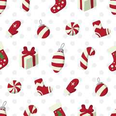 Christmas and New year seamless pattern with winter holidays symbols: mittens, sweets, gifts etc.