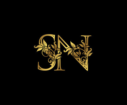 Luxury Gold letter S, N and SN Vintage decorative ornament letter stamp, wedding logo, classy letter logo icon.