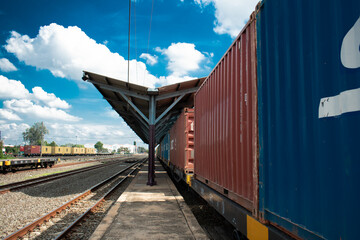 red and blue metal box container with the summer sky on railroad