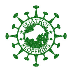 Skiathos reopening stamp. Green round badge of island with map of Skiathos. Island opening after lockdown. Vector illustration.