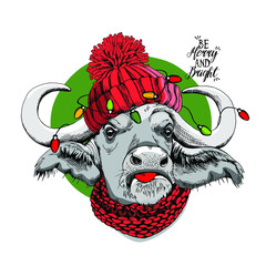Adorable Muskox Cow in a red knitted hat and scarf with a light. Be merry and bright - lettering quote. Christmas and New year card, Humor composition, hand drawn style print. Vector illustration.