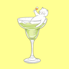 Illustration of cocktail with cat. 
Tipsy cat party in the cocktail glass. Abstract isolated design element. 
Drawing for  menu, cocktail party, greeting card, print, textile 