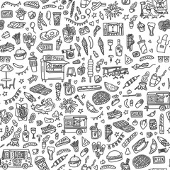 Street food festival hand drawn doodles seamless pattern. Monochrome background