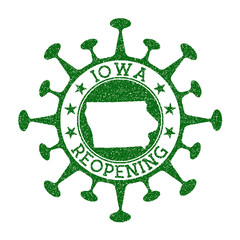 Iowa reopening stamp. Green round badge of US state with map of Iowa. US state opening after lockdown. Vector illustration.