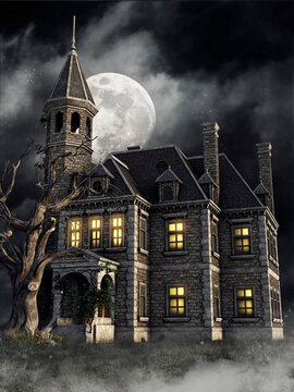 Gothic mansion with an old tree and ivy on the porch at night, with the full moon in the background. 3D render.