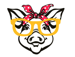Pig head in bandana and sunglasses. Farm animal. Vector black graphic illustration isolated on white. Pig portrait printable file