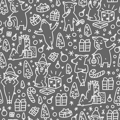 Doodles funnny pigs seamless pattern. Black and white symbol of the 2019 new year monochrome background