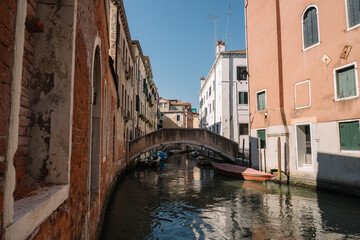 Empty boats on the canal of Venice.