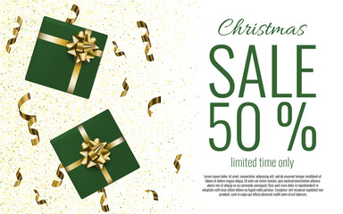 Fototapeta na wymiar Christmas sale poster with green gift boxes and streamers