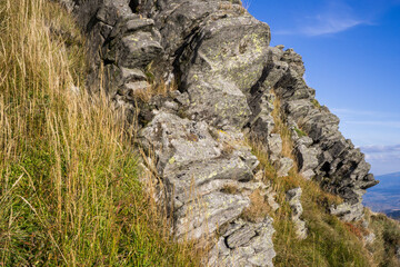 Cliffs close-up with mountain grasses on a background of blue sky.