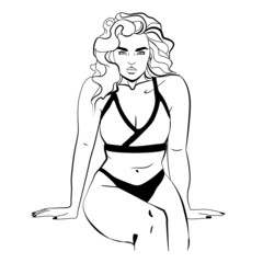 Yound woman in underwear. Trandy outline black and white minimalistic vector illustration.