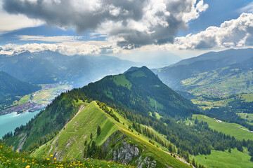 Landscape with Swiss Alps mountains and green nature. Photo taken at Hardergrat ridge trail / hike, near Interlaken, Switzerland. 