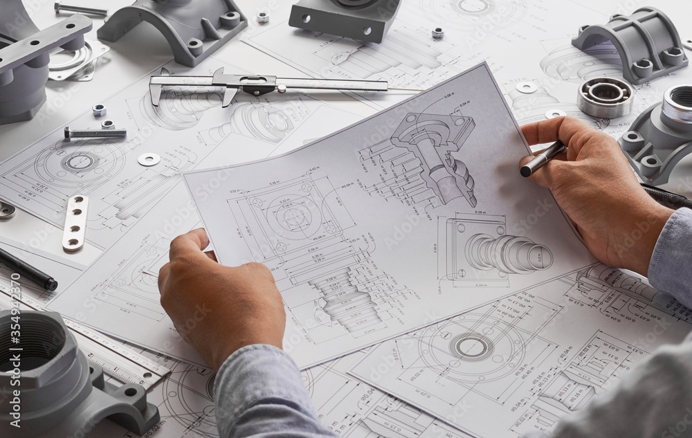 Poster engineer technician designing drawings mechanical parts engineering engine.manufacturing factory ind