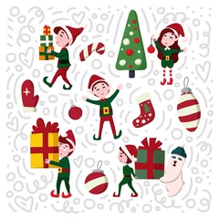 Christmas elves hand drawn set in cartoon style
