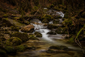 Fast flowing water over small rapids in Pekel gorge, close to Borovnica, slovenia, on a dull winter day.