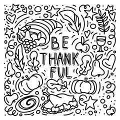 Thanksgiving doodles and hand written lettering. Turkey, cornucopia and pumpkin