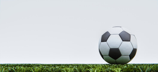 Fußball auf grünem Rasen vor weißem Hintergrund