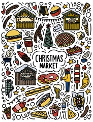 Christmas market doodles concept. Hand drawn street food marker design