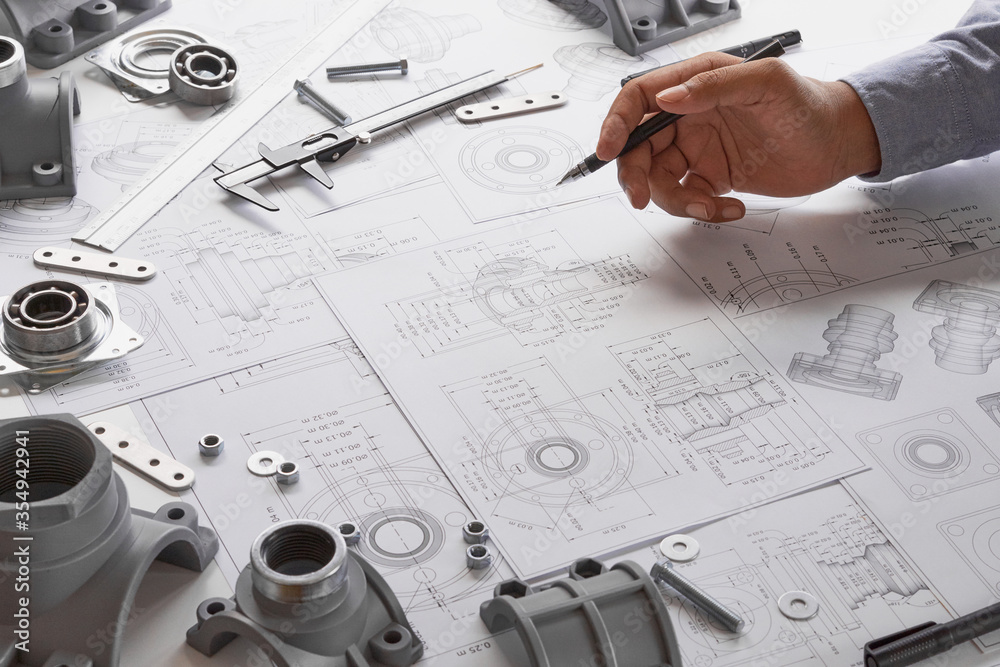 Poster engineer technician designing drawings mechanical parts engineering engine.manufacturing factory ind
