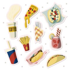 Street fast food stickers set. Illustrations for pins or patches