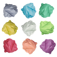 Set of pastel colors paper balls isolated on white background. School, office concept. Symbol of idea, thought, planning. A clump of crumpled paper. Top view. Dry waste.