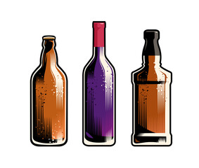 Set of different drinks and bottles. Retro vector illustration