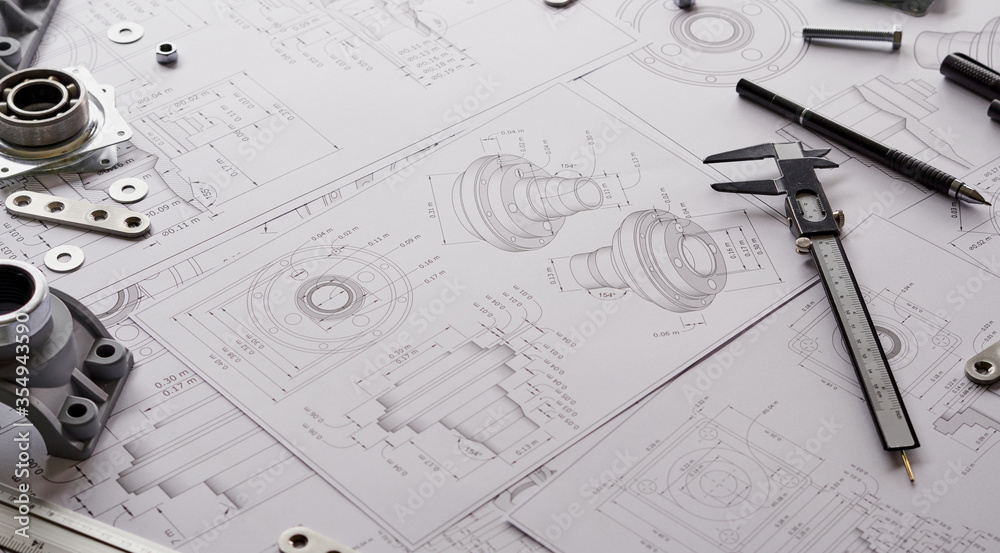 Aufkleber engineer technician designing drawings mechanical parts engineering engine.manufacturing factory ind