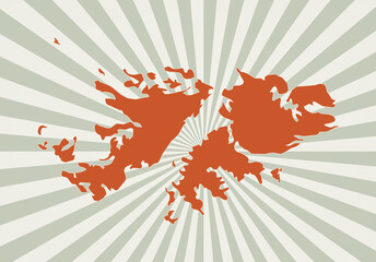 Falklands map. Poster with map of the country in retro color palette. Shape of Falklands with sunburst rays background. Vector illustration.