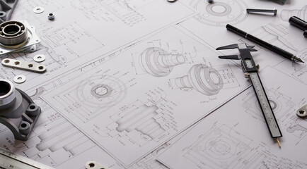 Engineer technician designing drawings mechanical parts engineering Engine.manufacturing factory Industry Industrial work project blueprints measuring bearings caliper tools