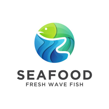 seafood shop logo, fish with wave in sea logo concept, vector template