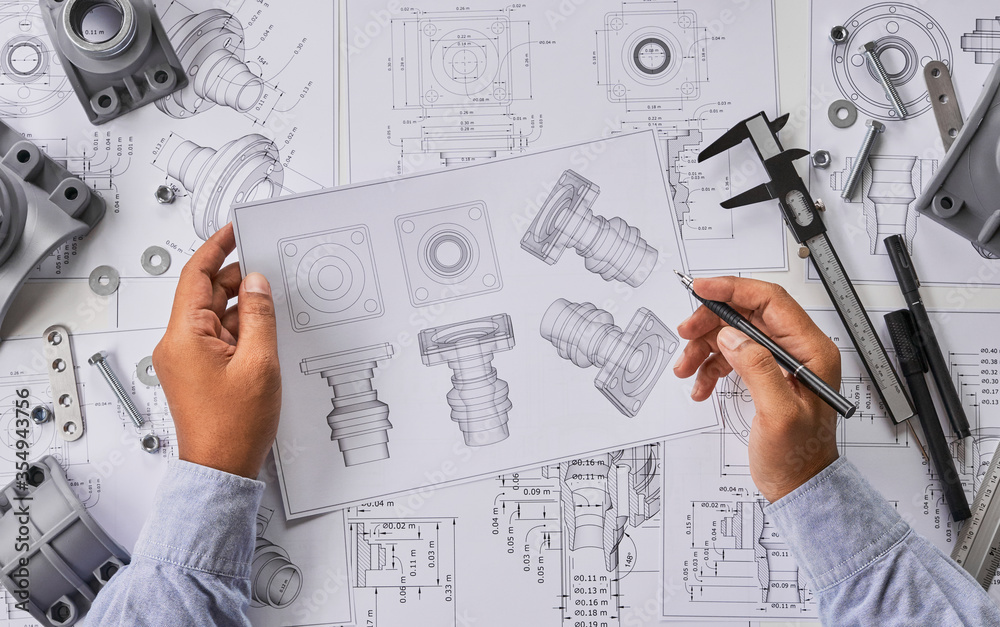 Poster engineer technician designing drawings mechanical parts engineering engine.manufacturing factory ind