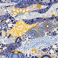 Azulejos tiles patchwork. Seamless colorful patchwork. Hand drawn seamless abstract pattern from mandalas. Majolica pottery tile, blue, yellow azulejo. Original traditional Portuguese and Spain decor - 354943733