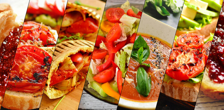 Collage of various food. A selection of food red color. Vegan and vegetarian menu