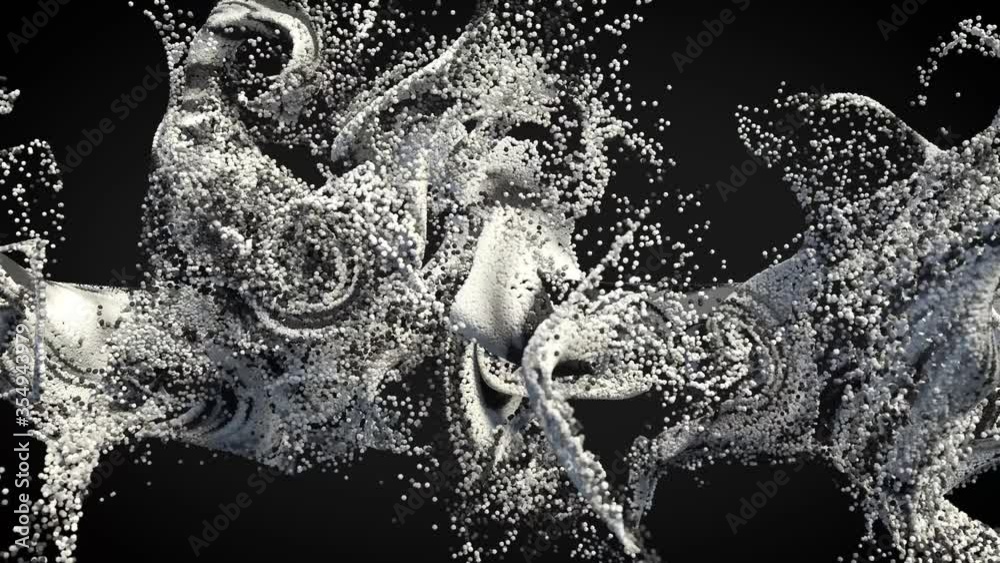 Poster 3d render of curling mass of particles. loop animation.