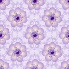 Fashion seamless pattern with plastic flowers made of cut paper. Flower in the style of a flowering tree. Japanese sakura. Graphic design. 3D illustration.
