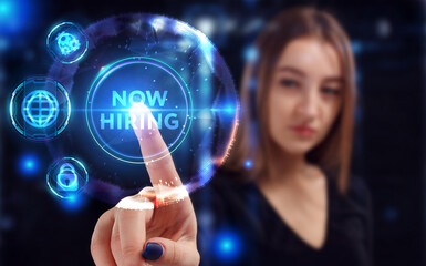 Business, Technology, Internet and network concept. Young businessman working on a virtual screen of the future and sees the inscription: Now hiring