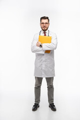 A portrait of a medical doctor posing against white background
