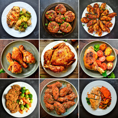 Collage of various food. Meat dishes. Meatballs, nuggets, chicken wings, chicken.