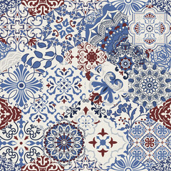 Antique azulejo tiles patchwork. Vector seamless pattern template. Geometric design. Blue spain and portuguese decor for bags, smartphone cases, T-shirts, linens or scrapbooking.