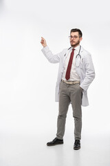 A portrait of a medical doctor posing against white background