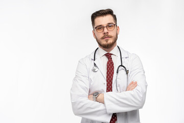 A portrait of a medical doctor posing against white background